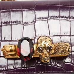 Pre Owned Alexander McQueen Purple Croc Embossed Leather Skull 4ring Shoulder Bag