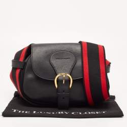 Pre Owned Alexander McQueen Black/Red Leather Buckle Flap Crossbody Bag