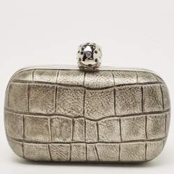Alexander McQueen Grey/Black Croc Embossed Leather Skull Box Clutch