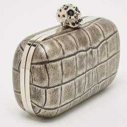 Alexander McQueen Grey/Black Croc Embossed Leather Skull Box Clutch