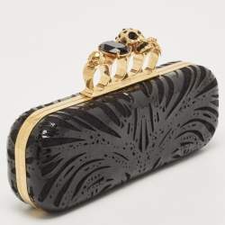 Pre Owned Alexander McQueen Black Laser Cut Patent Leather Skull Knuckle Box Clutch