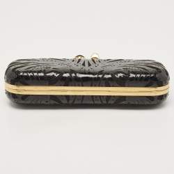 Pre Owned Alexander McQueen Black Laser Cut Patent Leather Skull Knuckle Box Clutch