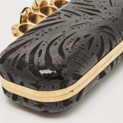 Pre Owned Alexander McQueen Black Laser Cut Patent Leather Skull Knuckle Box Clutch