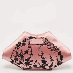 Pre Owned Alexander McQueen Pink/Black Embroidered Satin and Leather De Manta Clutch