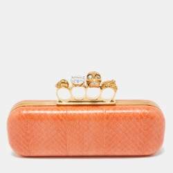 Alexander McQueen Orange Watersnake Leather Skull Knuckle Box Clutch