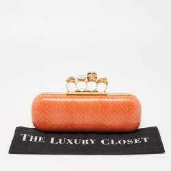 Alexander McQueen Orange Watersnake Leather Skull Knuckle Box Clutch