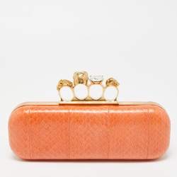 Alexander McQueen Orange Watersnake Leather Skull Knuckle Box Clutch