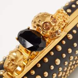 Pre Owned Alexander McQueen Black/Gold Leather Studded Four Ring Knuckle Clutch