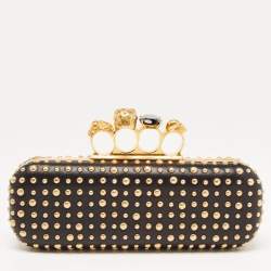Pre Owned Alexander McQueen Black/Gold Leather Studded Four Ring Knuckle Clutch