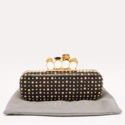 Pre Owned Alexander McQueen Black/Gold Leather Studded Four Ring Knuckle Clutch