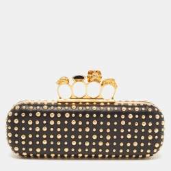 Pre Owned Alexander McQueen Black/Gold Leather Studded Four Ring Knuckle Clutch