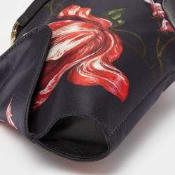 Pre Owned Alexander McQueen Black/Red Floral Print Satin and Leather Medium De Manta Clutch