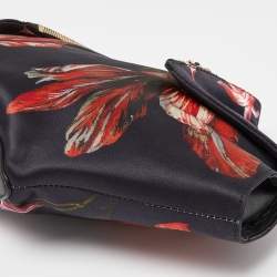 Pre Owned Alexander McQueen Black/Red Floral Print Satin and Leather Medium De Manta Clutch