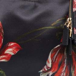 Pre Owned Alexander McQueen Black/Red Floral Print Satin and Leather Medium De Manta Clutch