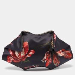 Pre Owned Alexander McQueen Black/Red Floral Print Satin and Leather Medium De Manta Clutch