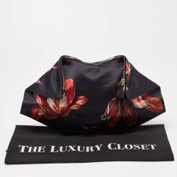 Pre Owned Alexander McQueen Black/Red Floral Print Satin and Leather Medium De Manta Clutch