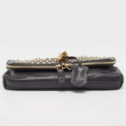 Pre Owned Alexander McQueen Black Leather Studded Skull Padlock Fold Over Clutch