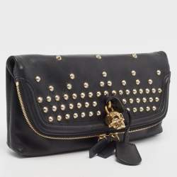 Pre Owned Alexander McQueen Black Leather Studded Skull Padlock Fold Over Clutch
