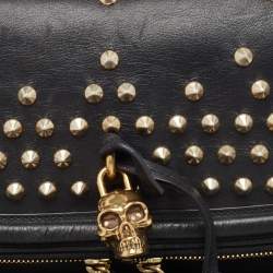 Pre Owned Alexander McQueen Black Leather Studded Skull Padlock Fold Over Clutch