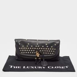 Pre Owned Alexander McQueen Black Leather Studded Skull Padlock Fold Over Clutch