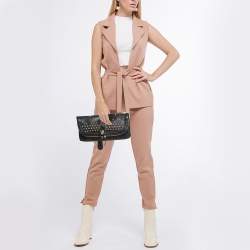 Pre Owned Alexander McQueen Black Leather Studded Skull Padlock Fold Over Clutch