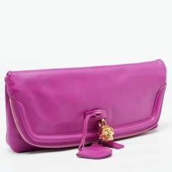 Pre Owned Alexander McQueen Fucshia Leather Skull Padlock Fold Over Clutch
