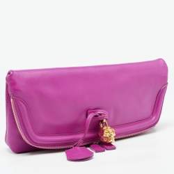 Pre Owned Alexander McQueen Fucshia Leather Skull Padlock Fold Over Clutch