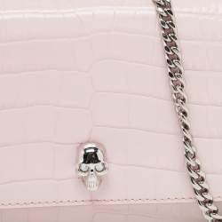 Pre Owned Alexander McQueen Pink Croc Embossed Leather Small Skull Shoulder Bag