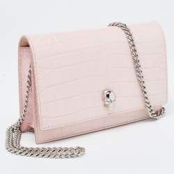 Pre Owned Alexander McQueen Pink Croc Embossed Leather Small Skull Shoulder Bag