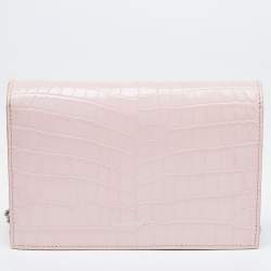 Pre Owned Alexander McQueen Pink Croc Embossed Leather Small Skull Shoulder Bag