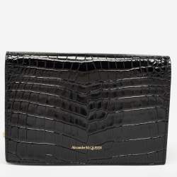 Pre Owned Alexander McQueen Black Croc Embossed Leather Skull Chain Clutch