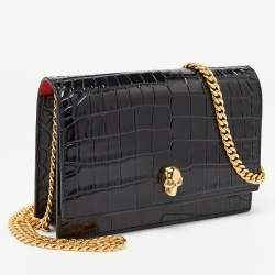 Pre Owned Alexander McQueen Black Croc Embossed Leather Skull Chain Clutch