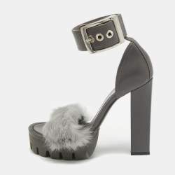 Alexander McQueen Dark Grey Leather and Fur Ankle Strap Sandals Size 37