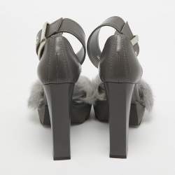 Alexander McQueen Dark Grey Leather and Fur Ankle Strap Sandals Size 37