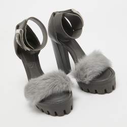 Alexander McQueen Dark Grey Leather and Fur Ankle Strap Sandals Size 37