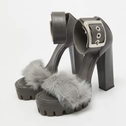 Alexander McQueen Dark Grey Leather and Fur Ankle Strap Sandals Size 37