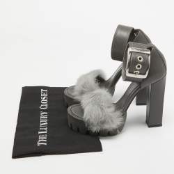 Alexander McQueen Dark Grey Leather and Fur Ankle Strap Sandals Size 37