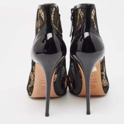 Alexander McQueen Black Lace and Patent Open Toe Ankle Booties Size 37