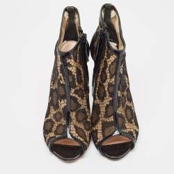 Alexander McQueen Black Lace and Patent Open Toe Ankle Booties Size 37