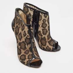 Alexander McQueen Black Lace and Patent Open Toe Ankle Booties Size 37