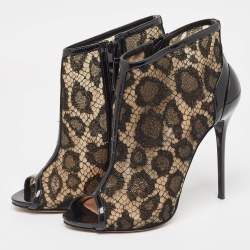 Alexander McQueen Black Lace and Patent Open Toe Ankle Booties Size 37