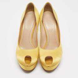 Alexander McQueen Yellow Satin Peep Toe Platform Pumps Size 38