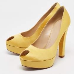 Alexander McQueen Yellow Satin Peep Toe Platform Pumps Size 38