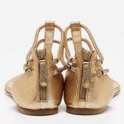 Pre Owned Alexander McQueen Gold Braided Leather Skull Detail Thong Flat Sandals Size 41