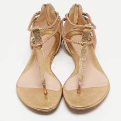 Pre Owned Alexander McQueen Gold Braided Leather Skull Detail Thong Flat Sandals Size 41