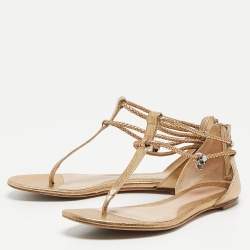 Pre Owned Alexander McQueen Gold Braided Leather Skull Detail Thong Flat Sandals Size 41