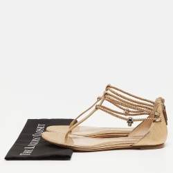 Pre Owned Alexander McQueen Gold Braided Leather Skull Detail Thong Flat Sandals Size 41