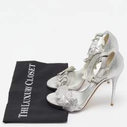 Pre Owned Alexander McQueen Metallic Silver Textured Leather Ivy Leaf Embellished Open Toe Sandals Size 36.5