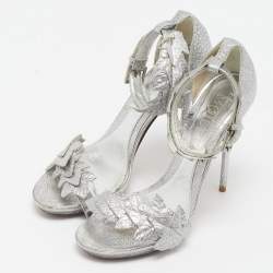 Pre Owned Alexander McQueen Metallic Silver Textured Leather Ivy Leaf Embellished Open Toe Sandals Size 36.5