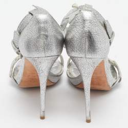 Pre Owned Alexander McQueen Metallic Silver Textured Leather Ivy Leaf Embellished Open Toe Sandals Size 36.5